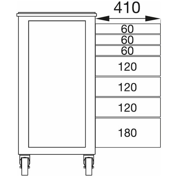 Roller cabinet with full extension drawers, Number of drawers: 7