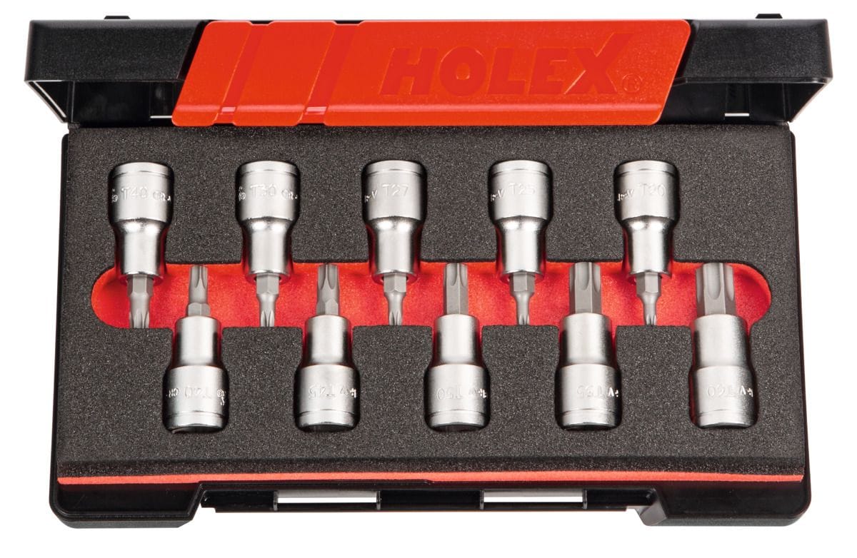 Set of screwdriver sockets, for Torx®, 1/2 inch square drive 10 pieces 10