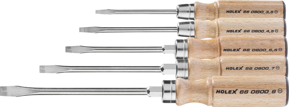 Screwdriver set for slot-head, with wooden handle 5