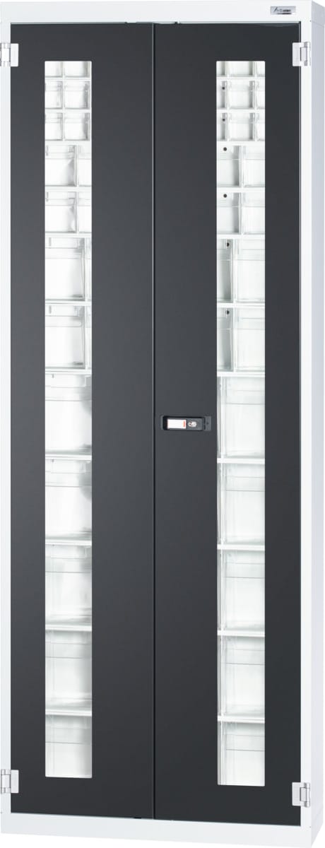 Storage cabinet with viewing window swing doors 69